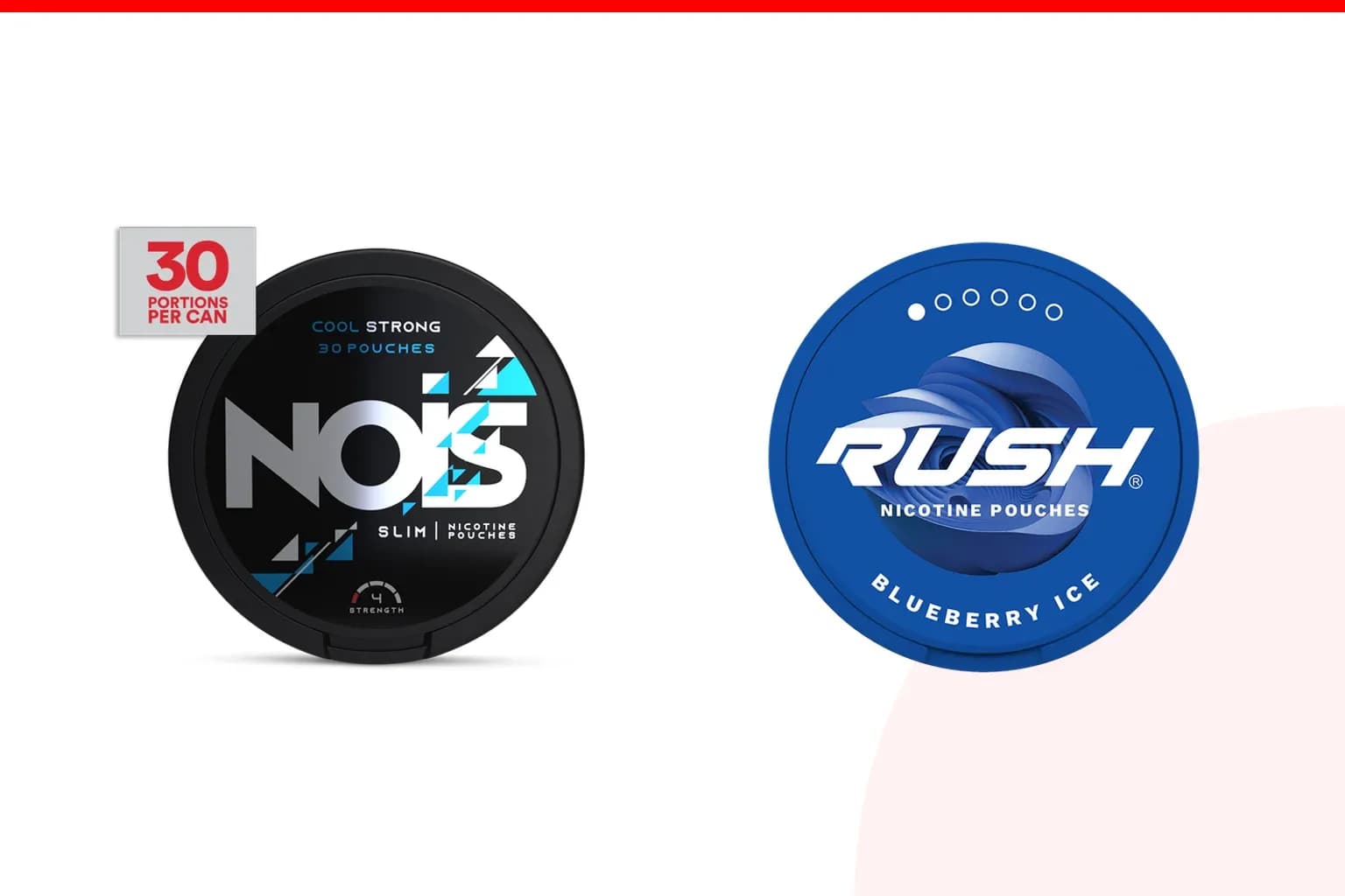 Cans of NOIS vs Rush from the Nicotine Pouches Canada range