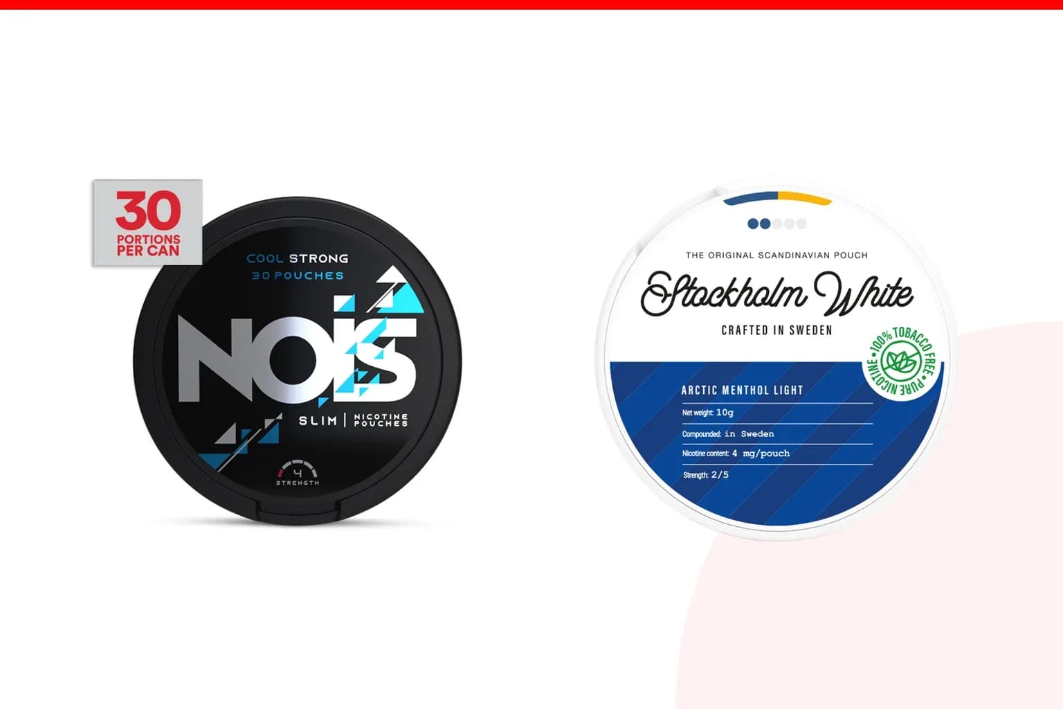 Cans of NOIS vs Stockholm White from the Nicotine Pouches Canada range