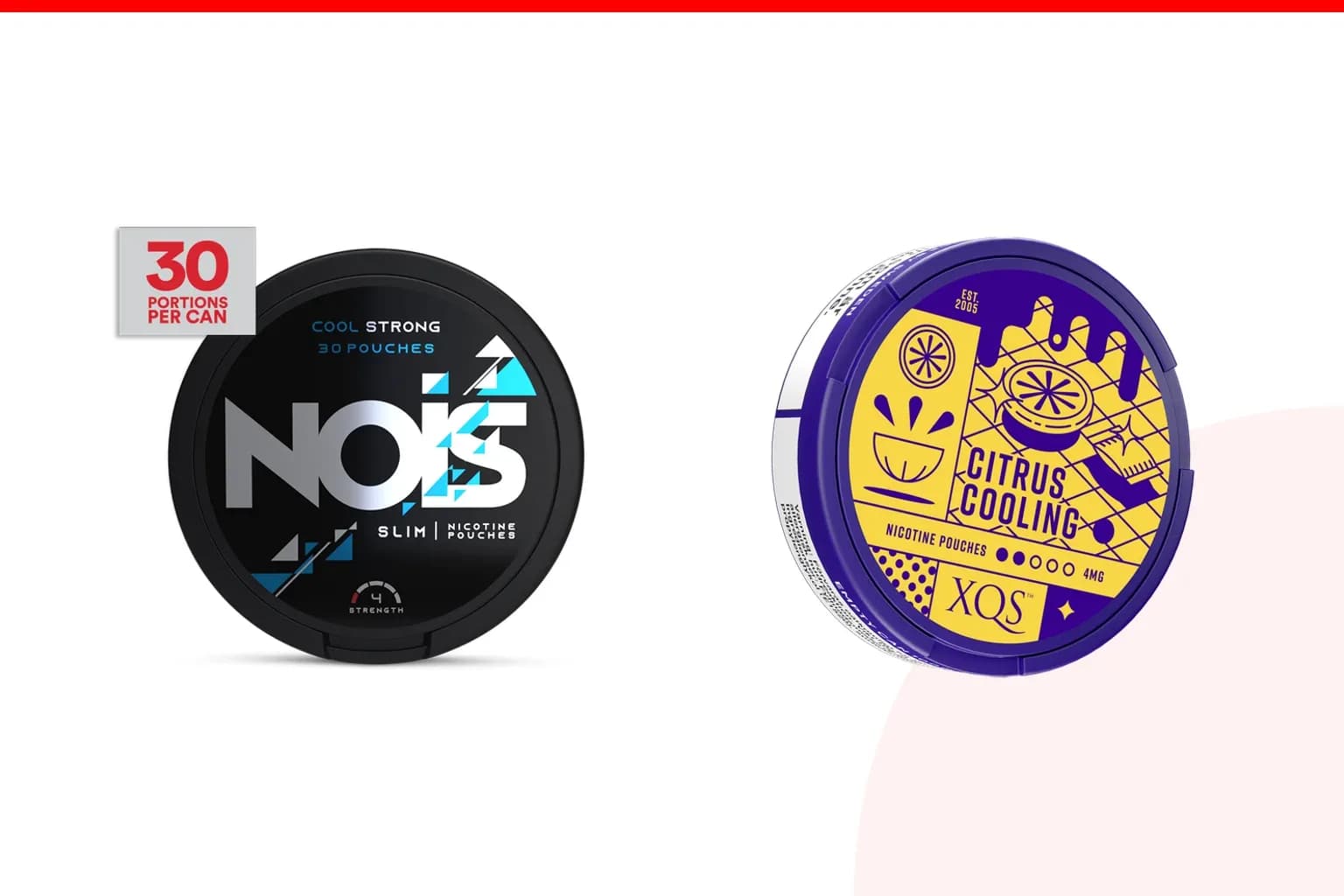 Cans of NOIS vs XQS from the Nicotine Pouches Canada range