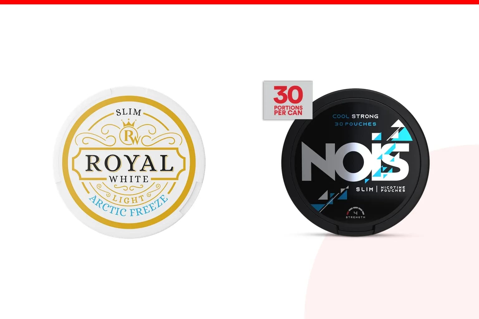 Cans of Royal White vs NOIS from the Nicotine Pouches Canada range