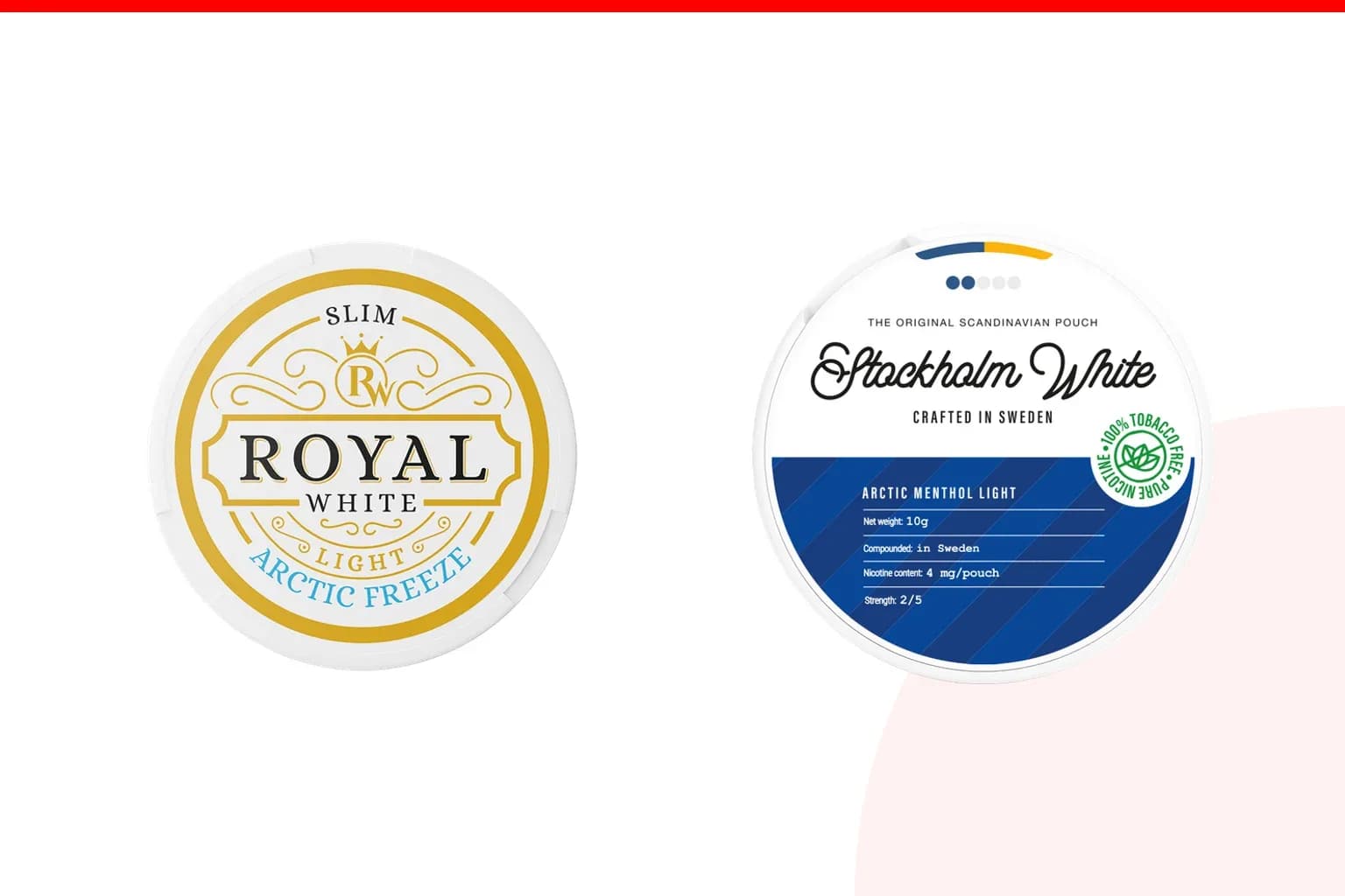 Cans of Royal White vs Stockholm White from the Nicotine Pouches Canada range