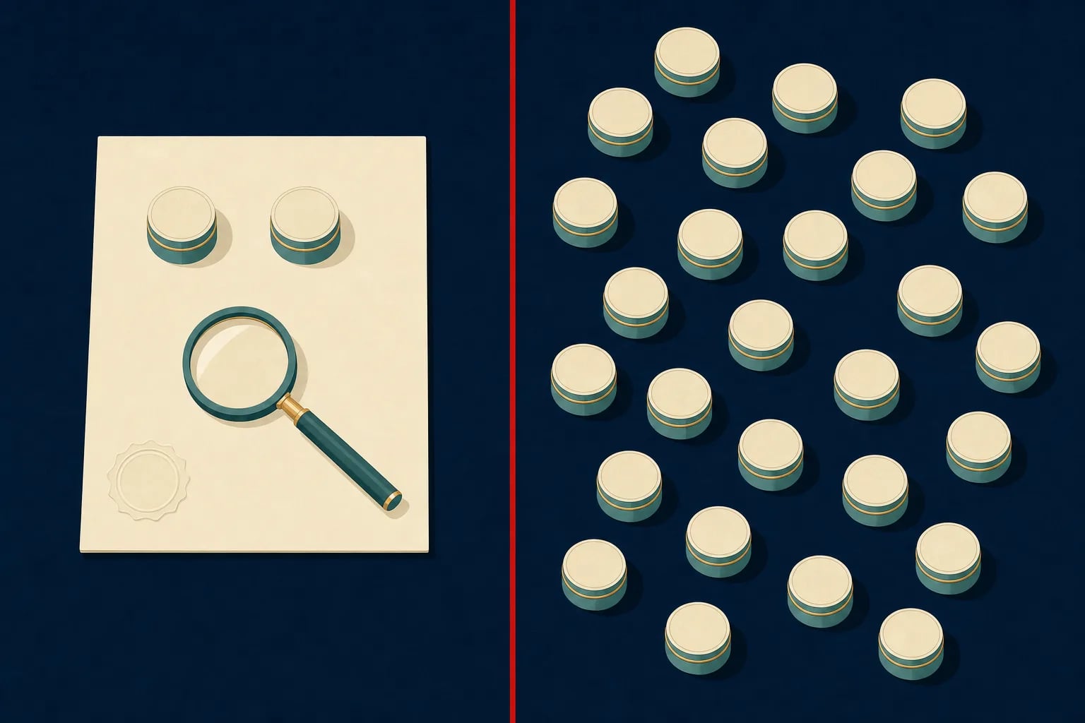Two small tins resting on a sealed certificate under a magnifying glass, separated by a red line from a scattered field of two dozen identical tins on bare desk.