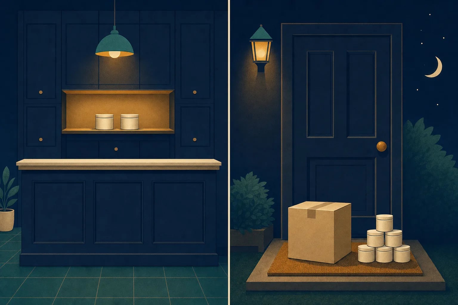 A split illustration: a pharmacy dispensary counter with two tins on a shelf behind it, and a sealed parcel with a stack of tins on a doorstep at night.