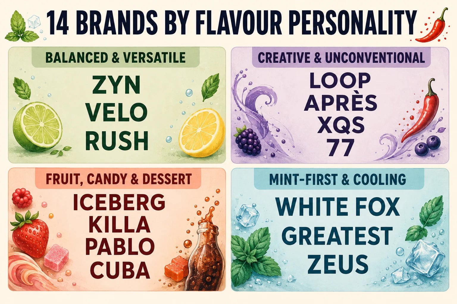 Fourteen nicotine pouch brands grouped into four flavour personalities: balanced and versatile, creative and unconventional, fruit candy and dessert, and mint-first and cooling