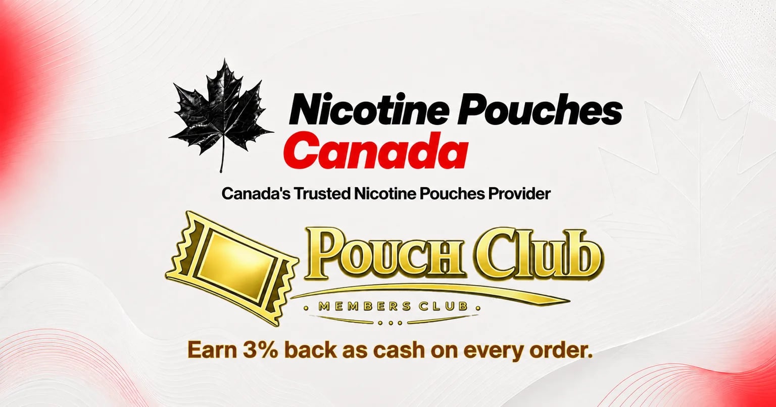 Pouch Club members club card from Nicotine Pouches Canada, captioned earn 3% back as cash on every order